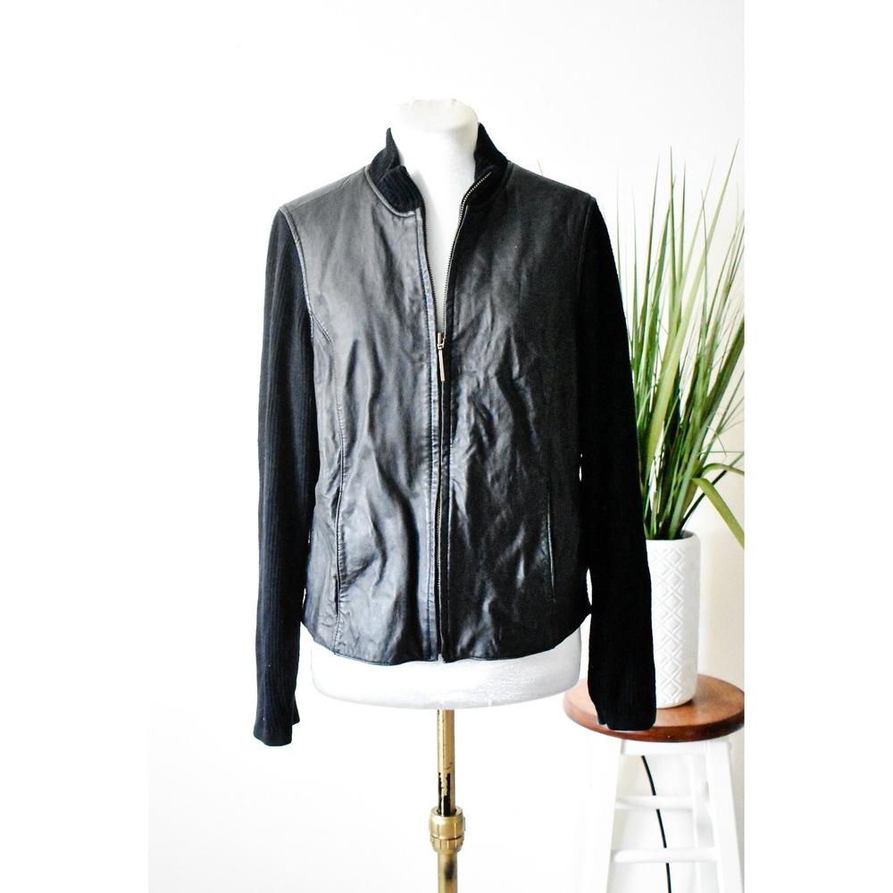 Jaclyn Smith Leather Knit Jacket Womens M Black Y2K Mixed Media Full Zip Moto - Picture 1 of 9